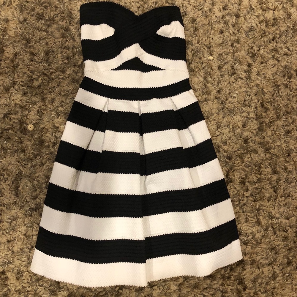 Express black and white striped strapless dress